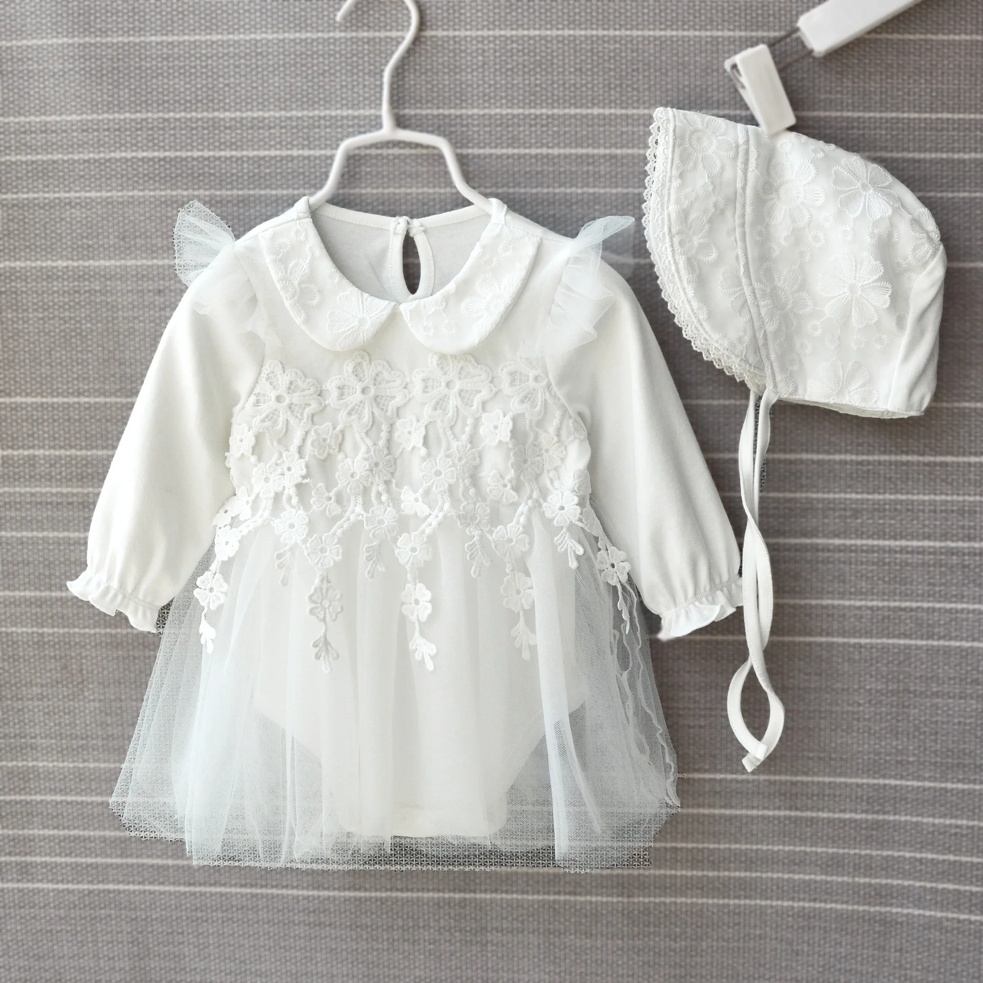 

2pcs/set Baby Romper Long Sleeve White Cotton Girls Skirt Jumpsuit with Hat Sweet Mesh Onesies Baby Clothes Wholesale