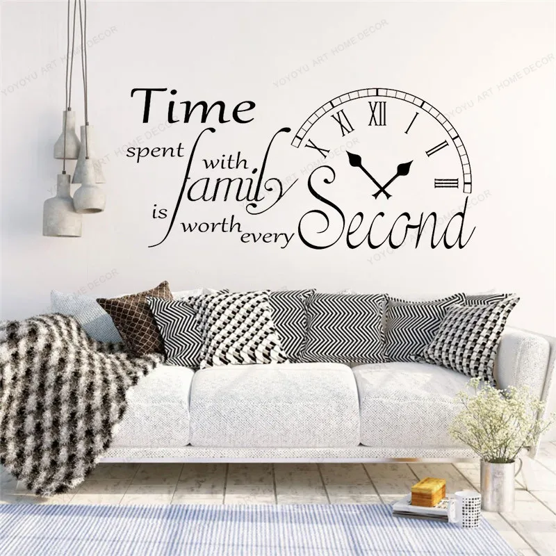cheap Inspirational Wall Sticker Quote Clock Time Spent with Family is Worth Every Second Wall Decals Kitchen Living Room DecorWU340