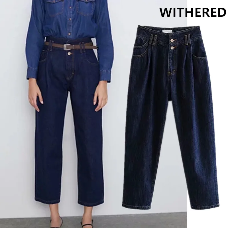 Увядшие английские простые джинсы для мамы, женские джинсы с высокой талией, однобортные плиссированные джинсы-шаровары для женщин, джинсы для женщин в стиле бойфренд