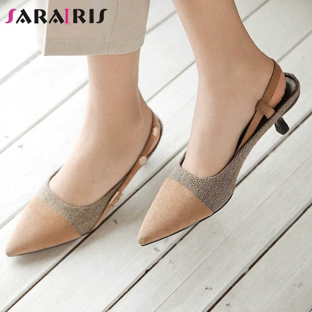 

SARAIRIS Elegant Female Office Casual Pumps Summer Pumps Women Pointed Toe Mixed Color Buckle Thin Heel Shoes Woman