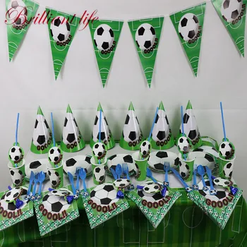 

81pcs/lot Green Football Theme Boy Birthday Party Paper Cup Plate Straw Gift Bag Kid Halloween Party Mask Invitation Card Supply