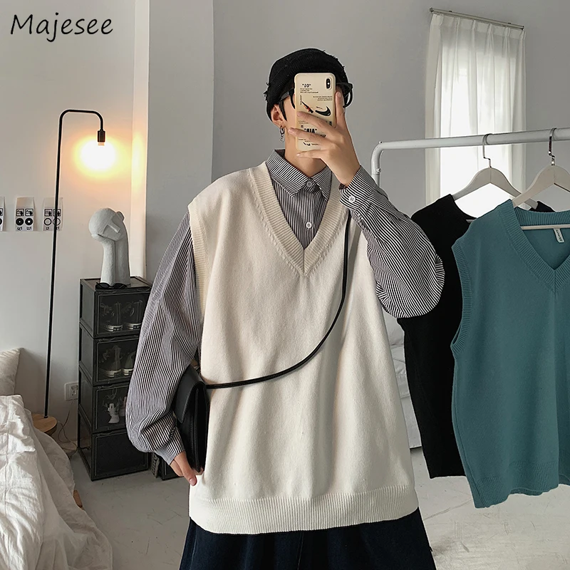 Suéter liso con cuello en V para hombre, chaleco holgado de talla grande sin mangas, suéteres de punto para parejas, moda sencilla, ropa de calle suave