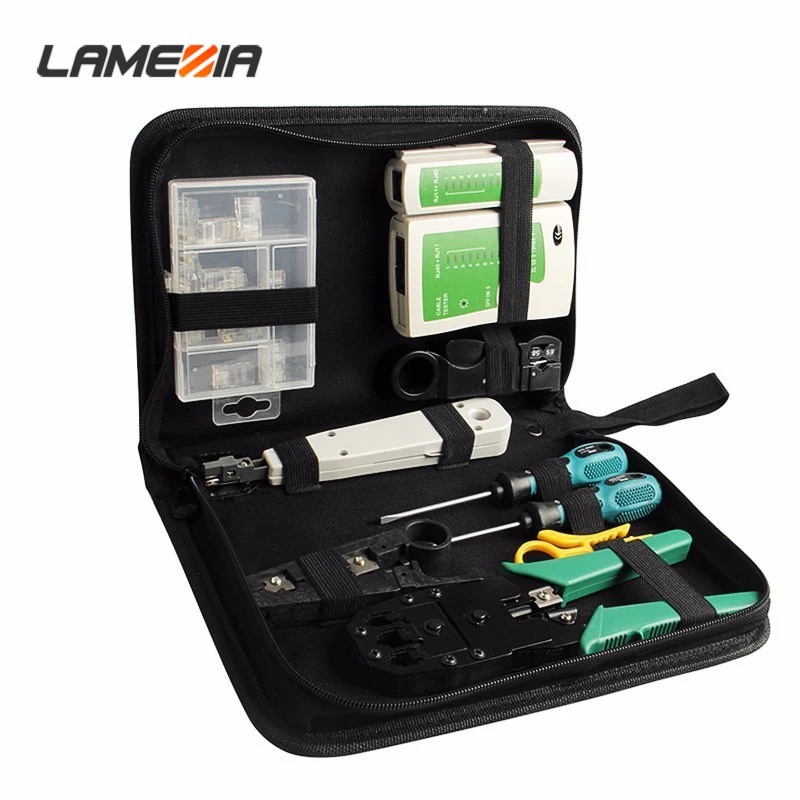 

LAMEZIA 10pcs LAN Network Tool Set Cable Tester Crimper Stripper Optical Fiber Toolkit RepairTools With Screwdriver Pliers