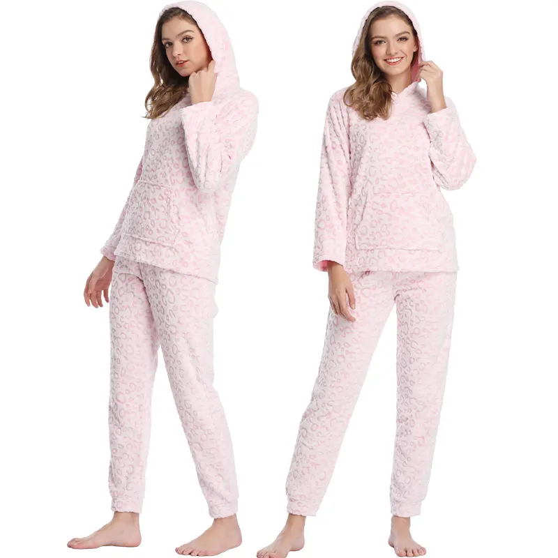 Осенне-зимний женский пижамный комплект с леопардовым принтом, розовая пижама, женская теплая Пижама с плюшевой подкладкой для сна, двухкомпонентная Пижама с капюшоном, Прямая поставка