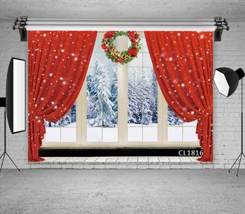 

LB Christmas Wreath Red Curtain Window Winter Snow Baby Child Portrait Photo Backdrops Photocall Photographic Backgrounds