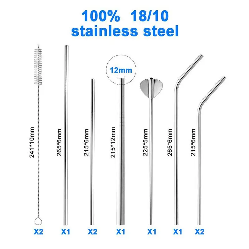 Stainless steel set of 10 reusable straws for milkshakes, smoothies, cocktails and cold drinks(4 straight straws+ 3 straws+ 1