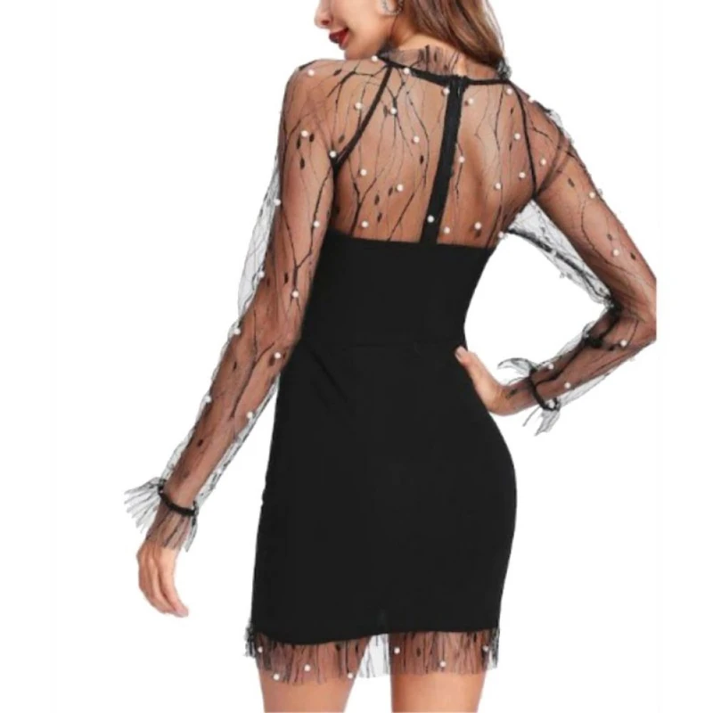 Черный Жемчуг Бисероплетение лоза сетка панель платье для женщин рюшами круглый вырез с длинным рукавом сексуальное вечернее платье облегающее платье