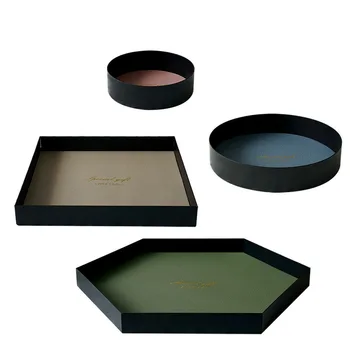 

Morandi Style Iron Storage Tray With Leather Mat Jewelry Dessert Makeup Plate Holders Creative Organizer