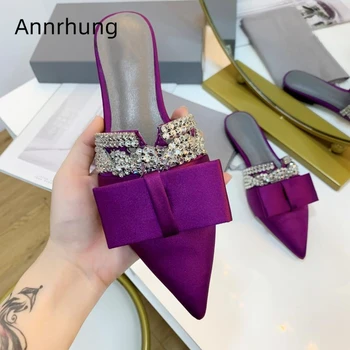 

Sexy Pointed Toe Satin Slippers Woman Flat Heel Cover Toe Cut-out Jeweled Crystal Rhinestone Bowtie Outwear Mules Women