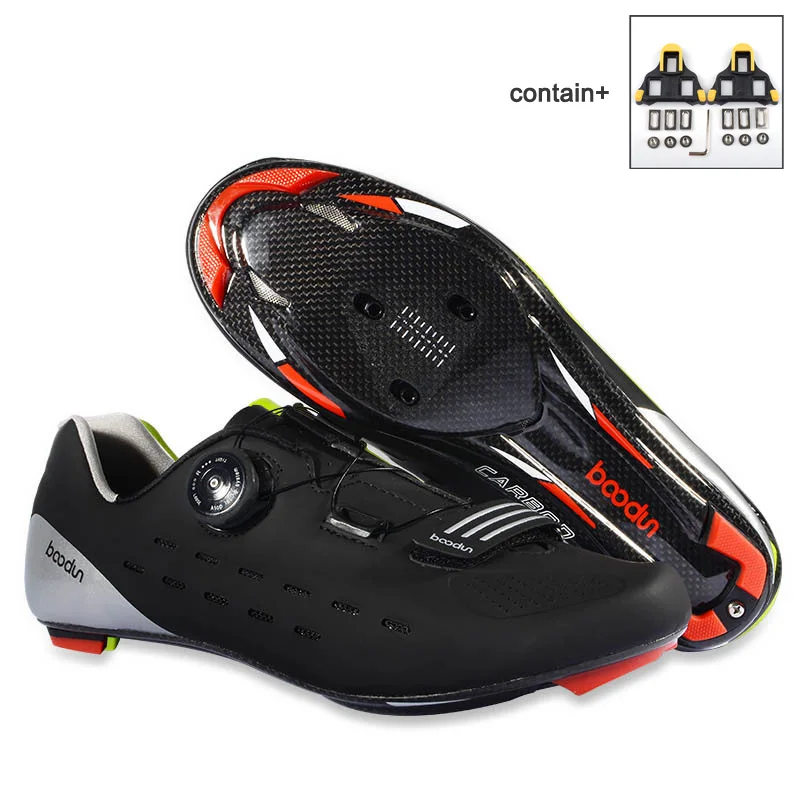 Boodun Ultralight Carbon Self-Locking Cycling Shoes Road Bike Bicycle Shoes Ultralight Athletic Racing Sneakers Zapatos Ciclismo - Цвет: Black with cleats