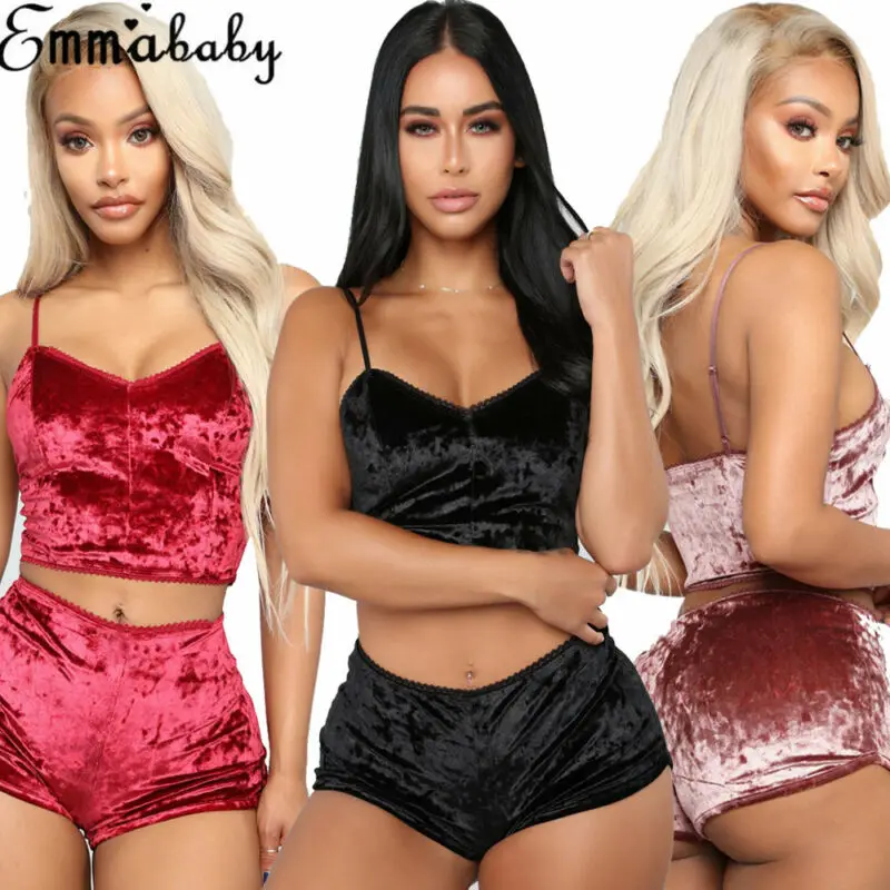 

US Fashion Women 2pcs Velvet Sleepwear Sexy Spaghetti Strap Velvet Shorts Pajama Set Ladies Sleepwear female Pajama Party Set
