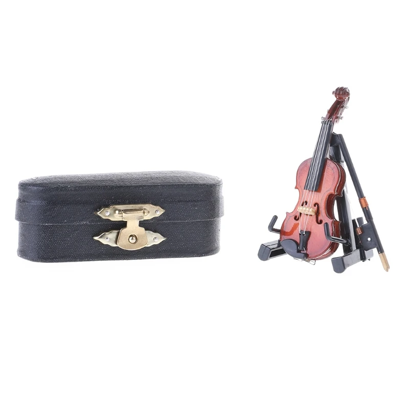 

7CM Mini Violin Miniature Musical Instrument Wooden Model with Support and Case
