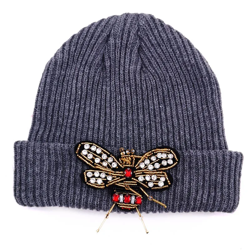 Brangdy Women Bee Knit Beanie Hat Winter Autumn for Ladies Slouchy Cotton Ribbed Skullies Beanies Cap Novelty Bonnet Femme Gorro - Цвет: Gray