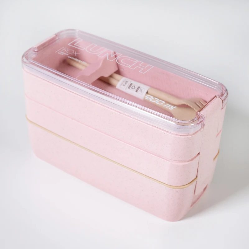 900 мл пшеничная соломенная Ланч-бокс 3 слоя портативный материал для здоровья Ланч-бокс посуда контейнер для хранения еды коробка для еды - Цвет: Pink