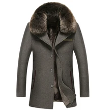 Мужское зимнее шерстяное пальто серая куртка кашемировое толстое теплое шерстяное пальто с мехом темно-синее лацкан большой меховой воротник Мужское пальто