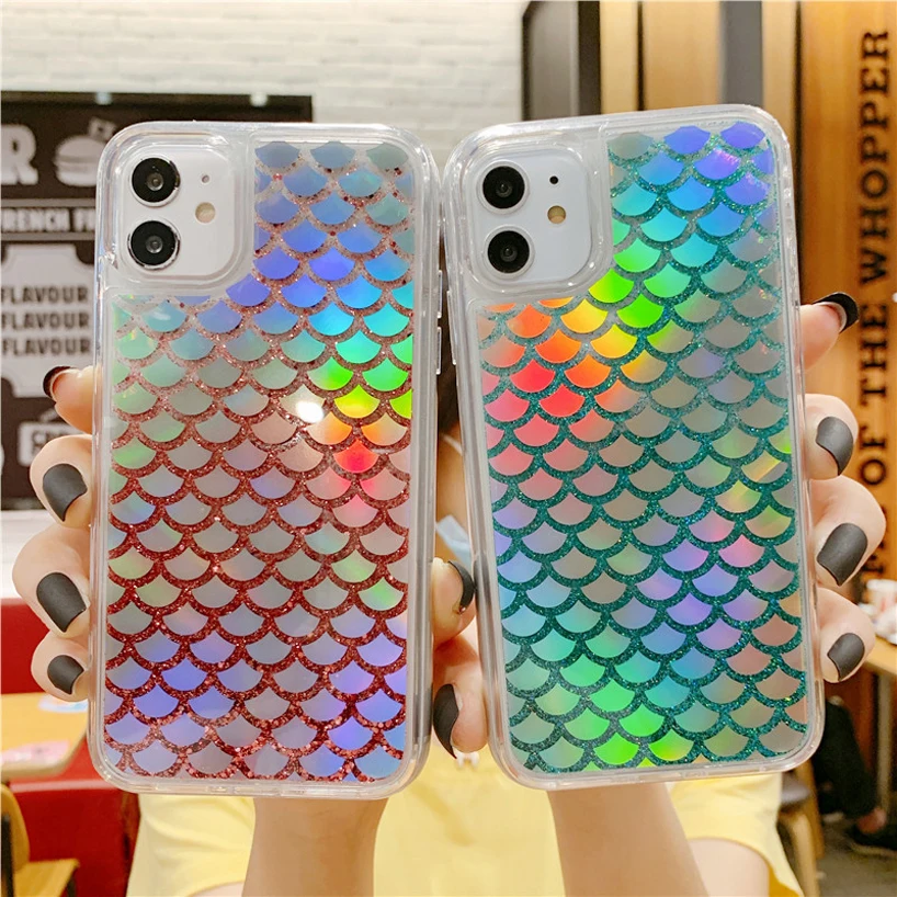 Signalshin For iPhone 12 Mini SE XR XS 11 Pro MAX 7 8P Dynamic Quicksand Liquid shiny Phone Case Laser flash fish Soft TPU Etui | Мобильные