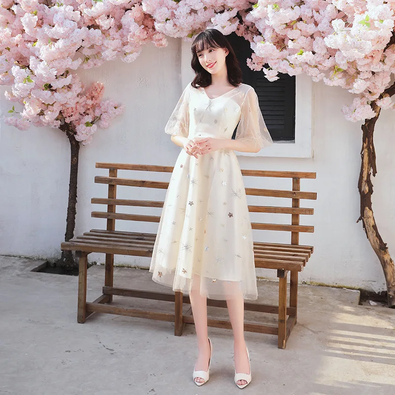 Bridesmaid Dress Female 2020 New Spring And Summer Banquet Daily Fairy Temperament Dress Skirt Mid-length