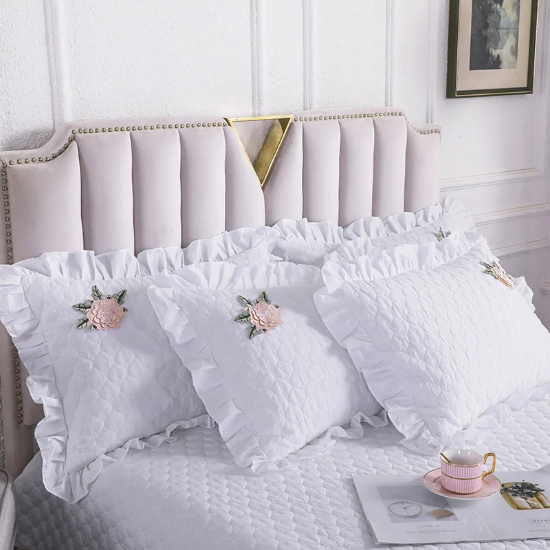 Luxury White Cotton Lace Design Quilting Blanket Bedspread Bed Sheet Bed Cover Pillowcases Full Queen King Size #/