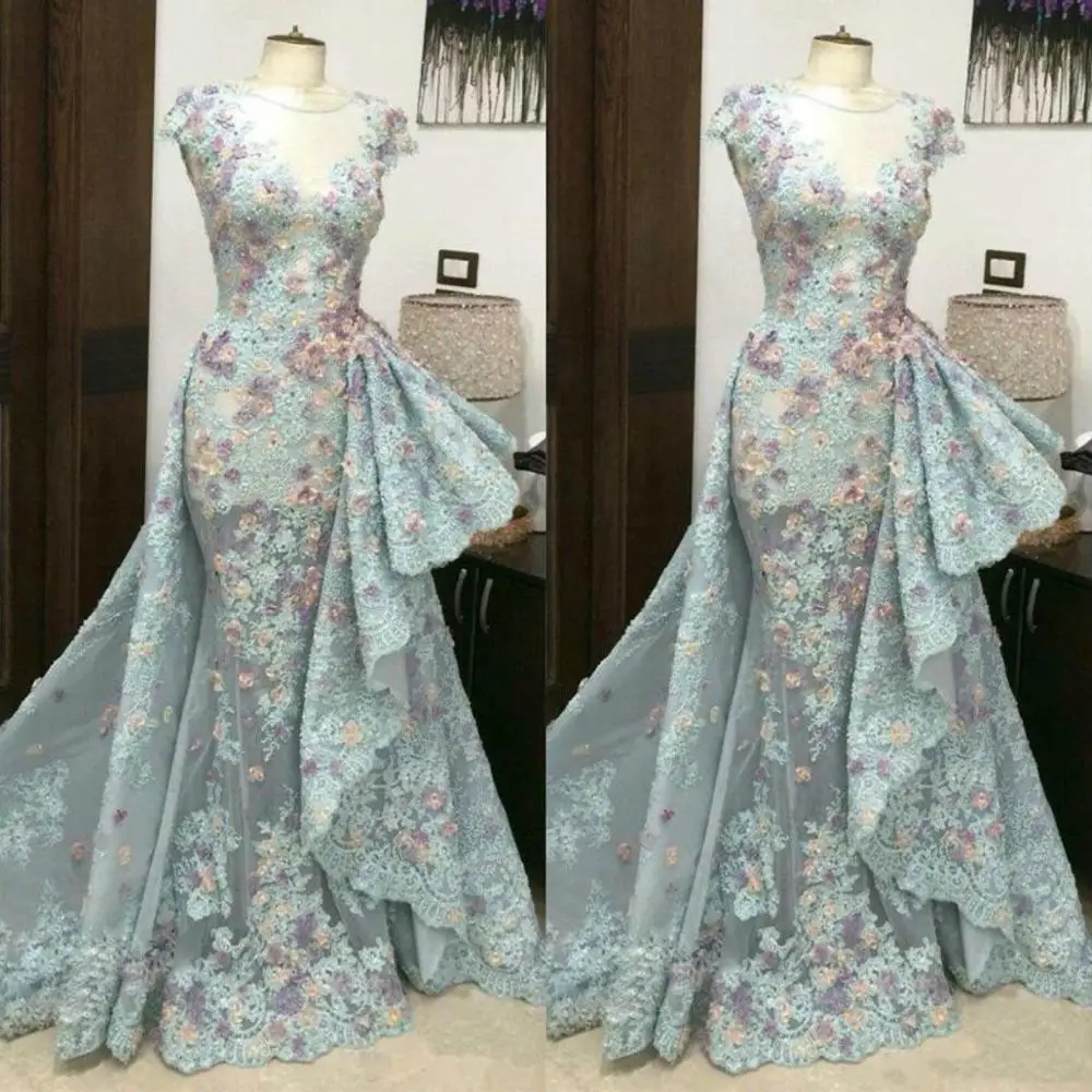 

Sexy Mermaid Overskirts 2019 Prom Formal Dresses Short Sleeve Ruffles Mint Lace Appliqued Evening Gown Plus Size Party Dress