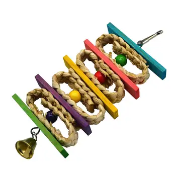 

Parrot Bird Toy with Bell Natural Wooden Grass Chewing Bite Hanging Cage Swing Climb Chew Toys Aeolian Bells