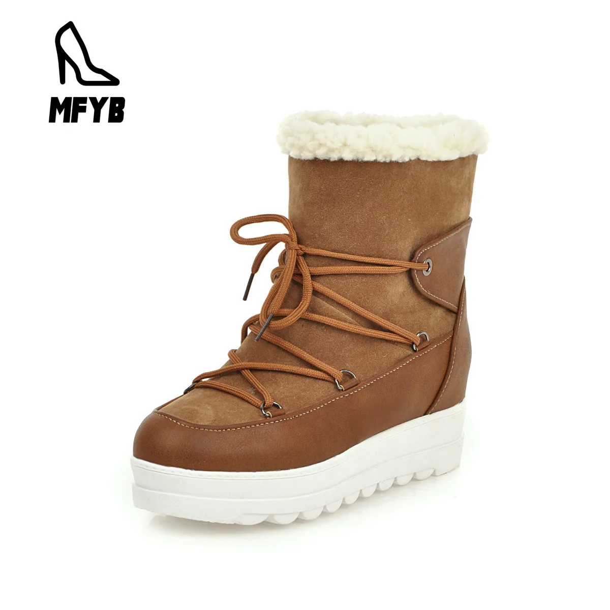 

MFYB Women's boots 2019 winter new wedges women's shoes thick bottom cross straps large size 40-43 warm low tube snow boots
