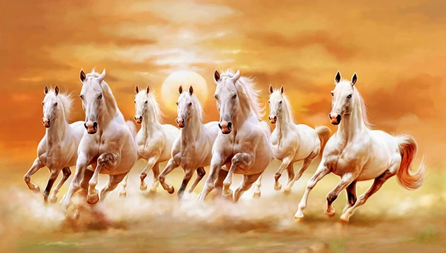 Seven Running White Horse Animal Painting Artistic Canvas Gold Posters and Prints Modern Wall Art Pictures For Living Room Decor HZ348