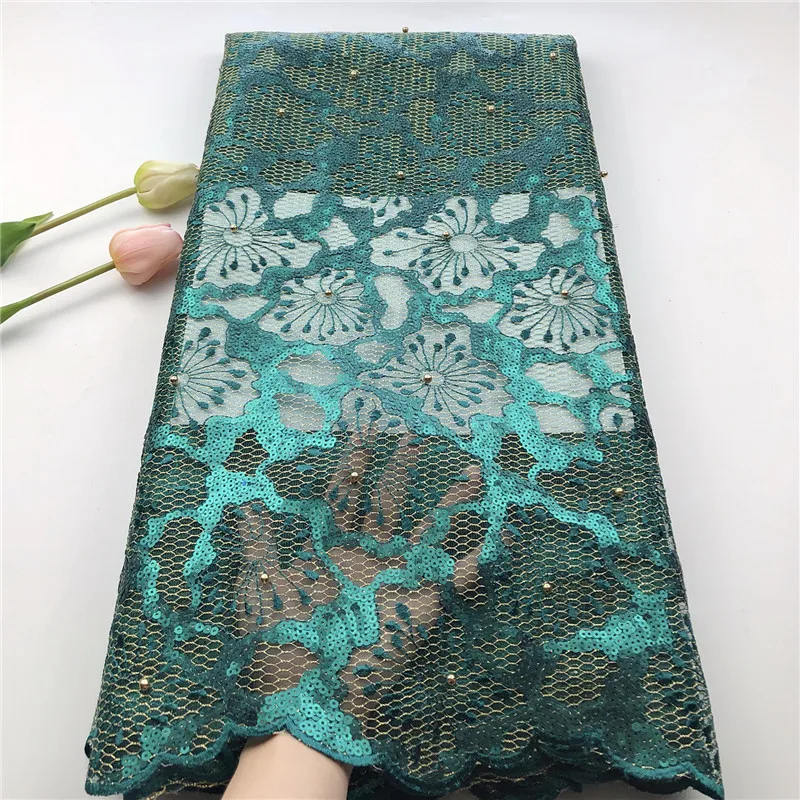

2019 Latest Nigerian Lace Fabric High Quality Organza Lace Embroidery Sequins Lace Fabric 5Yards French African Lace Fabric