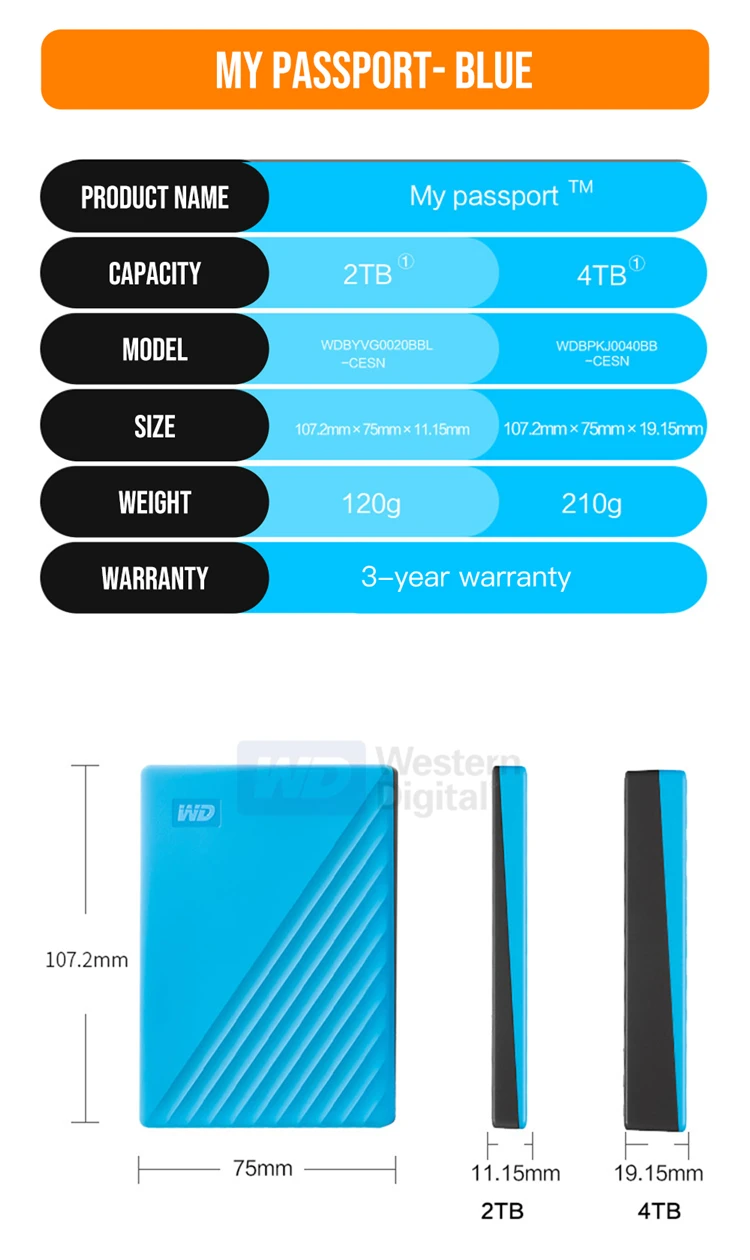 WD My Passport внешний жесткий диск HDD 1 ТБ 2 ТБ 4 ТБ портативный 2," HDD 2,5 USB 3,0 256 AES шифрование жесткого диска HD устройство хранения