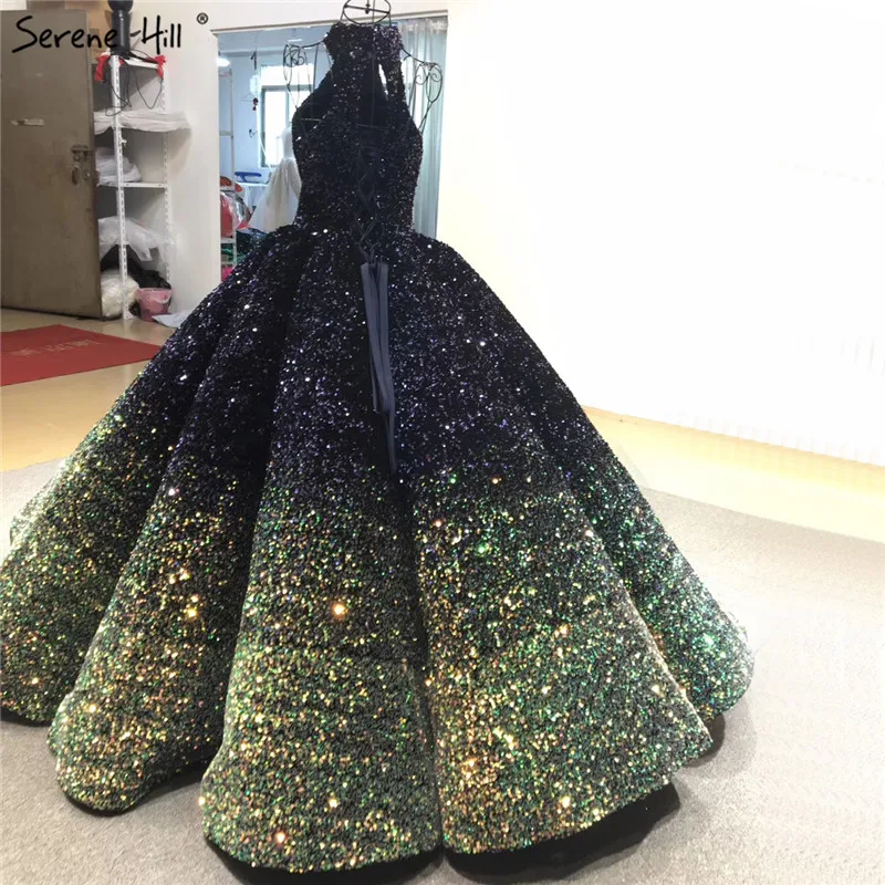 Luxury Sequined Sleeveless Bride Gowns Indigo Blue Gold Halter Sexy Luxury Wedding Dresses Serene Hill HME66991 Custom Made