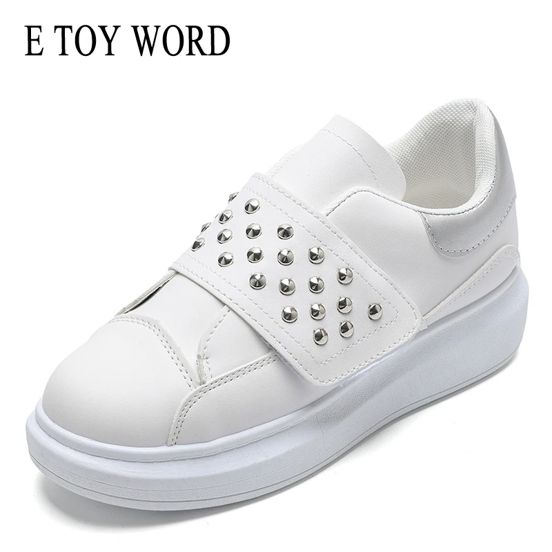 

E TOY WORD 2019 White Shoes Women Fashion height Increaseing women shoes Hook & Loop Rivet Thick-soled Women Casual Shoes