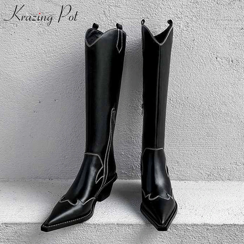 

krazing pot winter genuine leather sewing embroidery pointed toe high heels European lazy design keep warm knee-high boots l89