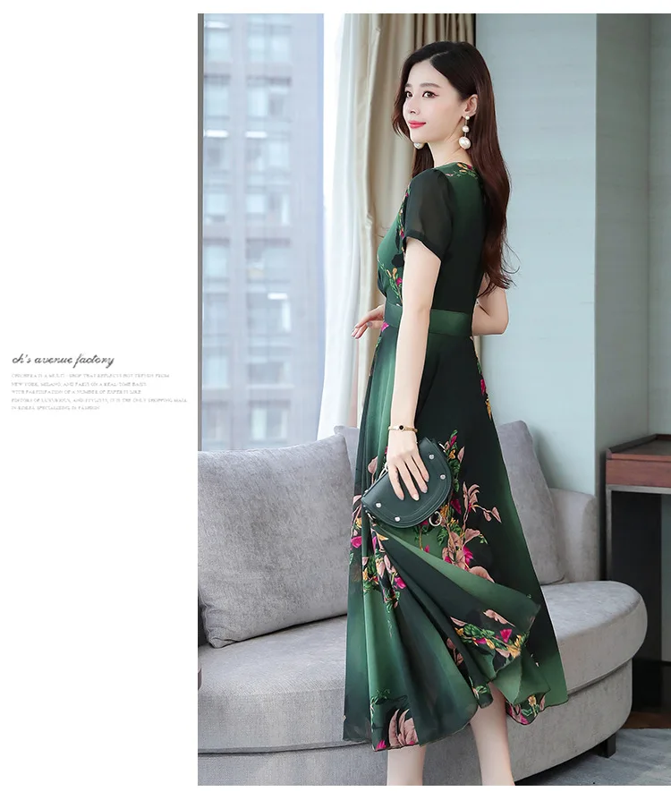 Spring New Printed Ice Silk Dress Floral Fashion Mid-waist Ladies Long Skirt Vacation Beach Skirt  Dress for Women shirt dress