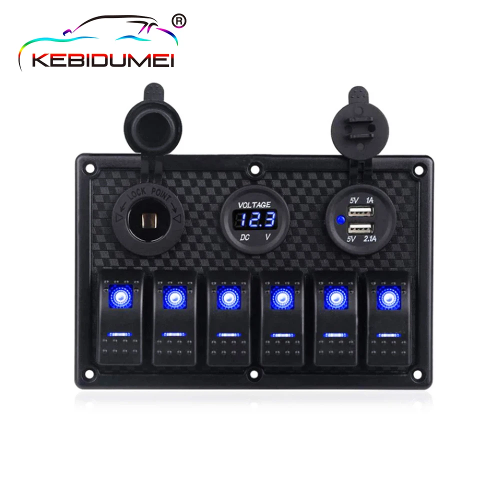 Boat Switch Panel Car Switch Panel Waterproof Digital Voltmeter Dual USB Port 12V Outlet