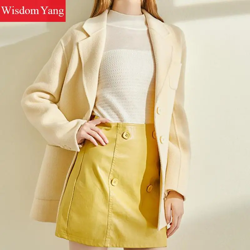 Seller Winter Coats Women Yellow Warm Wool Suits Jackets Elegant Formal Wrap Woolen Autumn Overcoat Slim Woollen Outerwear Korean Coat