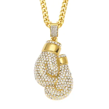 

Hip Hop Bling Iced Out Rhinestones Gold Stainless Steel Boxing Gloves Pendant Necklace for Men Rapper Jewelry 28inch cuban chain