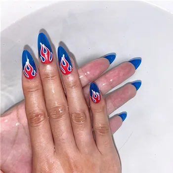 

24pcs/box with 2 glue full cover stiletto nail tips press on Mid-length size flame design transparent nail capsule with pattern