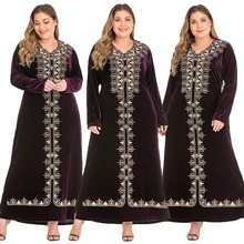 Abaya Women Kaftan Women Muslim Velvet V-neck Maxi Dress Plus Size Cocktail Robe Autumn Long Sleeve Gown Middle East Dress New