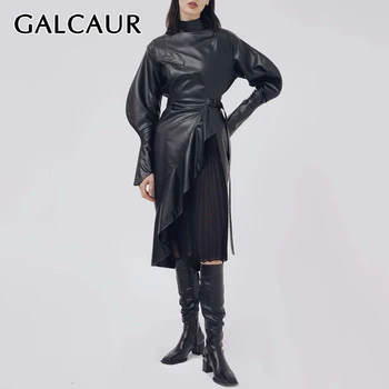

GALCAUR Black PU Women Dress Stand Collar Puff Sleeve High Waist Lace Up Bowknot Irregular Hem Ruched Dresses Female 2020 New