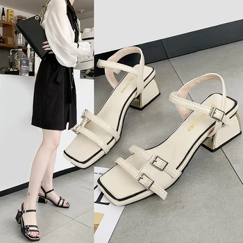 

Buckle Decoration Strappy Heeled Sandals Women's Shoes Fashion Solid Color Open-toe Block Heels