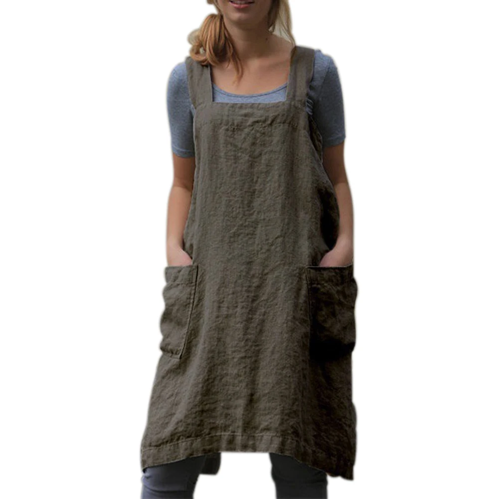 Women Bib Apron Kitchen Solid Florist Home Cooking Sleeveless Cotton Linen Cleaning Chef Household Baking Washable Pinafores