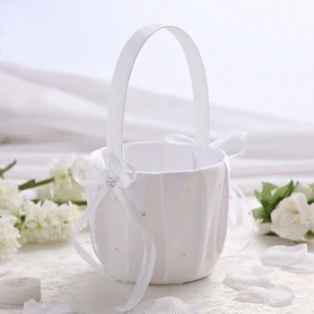

25CM White Satin Wedding Flower Basket with Rhinestone Flower Girl Basket