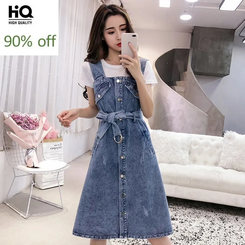Женское летнее джинсовое платье на бретельках без рукавов 2020 однобортное