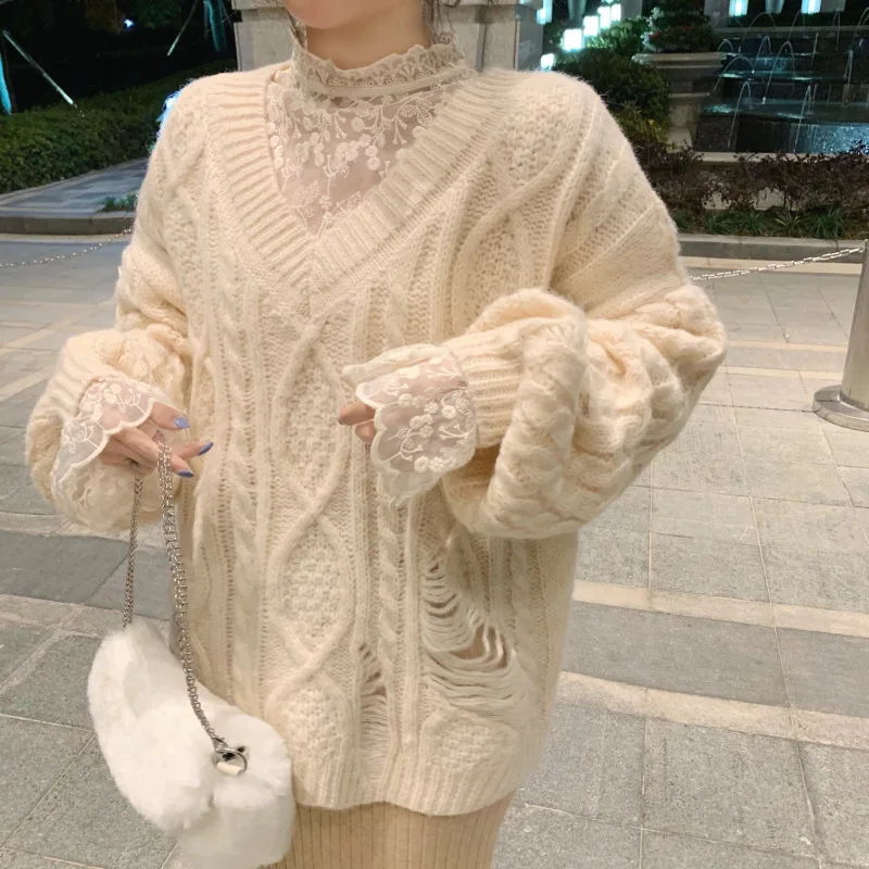

Photo Shoot V-neck Linen Flower Color Solid Color Pullover Sweater
