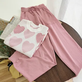 

Sweet Women Round Neck Beading Heart Print Knitted Sweater + High Waist Ankle-length Pants Blue/Pink 2pcs Set Suit Female 2020