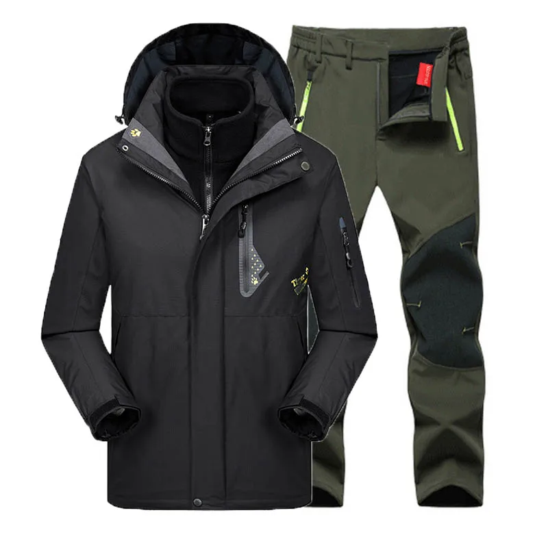 Black Army Green Men Мужские и женские зимние осенние новые куртки 3 в 1, Лыжный лагерь, скалолазание, треккинг, рыбий поход, цикл, водонепроницаемое пальто, большие размеры, для мужчин и женщин - Цвет: Black Army Green Men