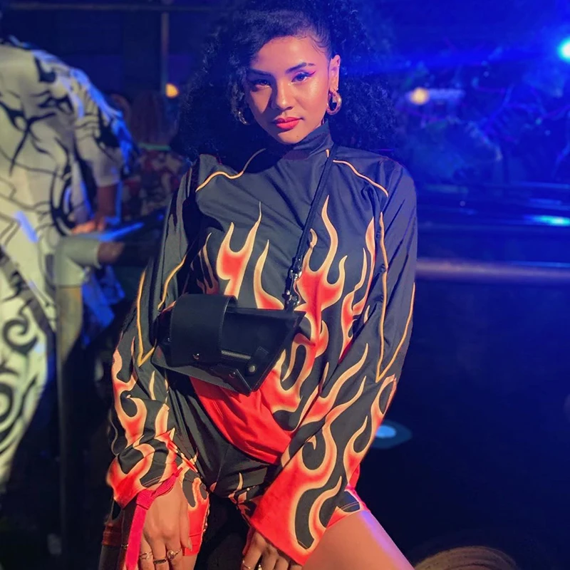 HIGAREDA  Flame Print Biker Shorts Women Fitness Workout Black High Waist Shorts Ladies Casual Harajuku Short Pants Streetwear