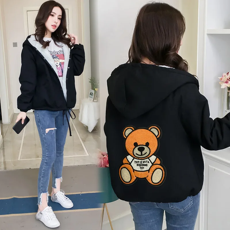 

Photo Shoot 2019 Autumn And Winter New Style Korean-style Large Size Students Mid-length Lambs Wool Hooded Cotton-padded Clothes