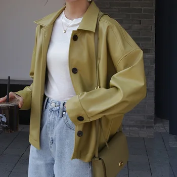 

2020 New Fashion Spring Light Color PU Leather Loose Plus Size Turn-down Collar Zipper Casual Women's Jacket Single Breasted Coa