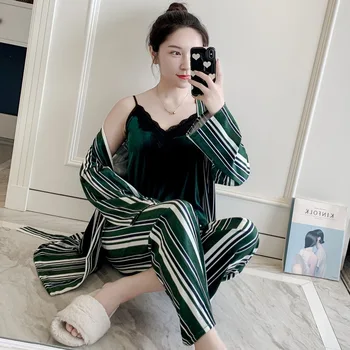 

Velvet Kimono Bath Gown Sexy V-neck Women Bride Bridesmaid Wedding Robe Set 3PCS Sleepwear Casual Soft Velour Striped Homewear