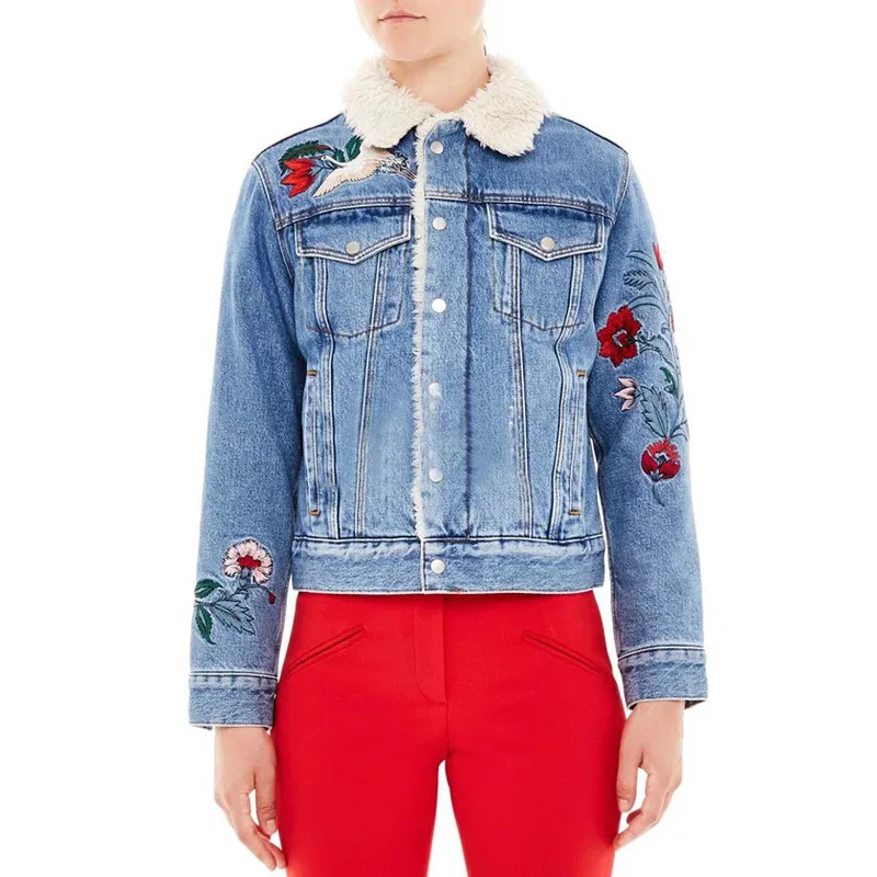Lambs Fashion Wool Oversized Women Denim Jacket Winter Crane Flowers Embroidery Lapel Outerwear Thicken Female Basic Coats YFY70 | Женская